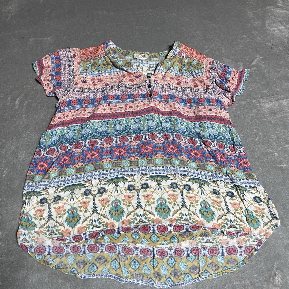 ONE WORLD Multicolor Boho Printed Short Sleeve Blouse